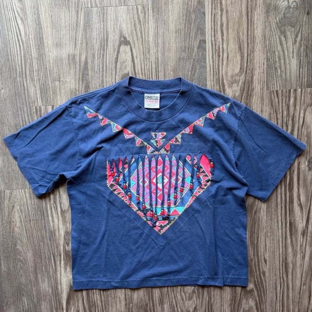 Vintage 80s Native Southwest Beaded Fringe T-Shirt